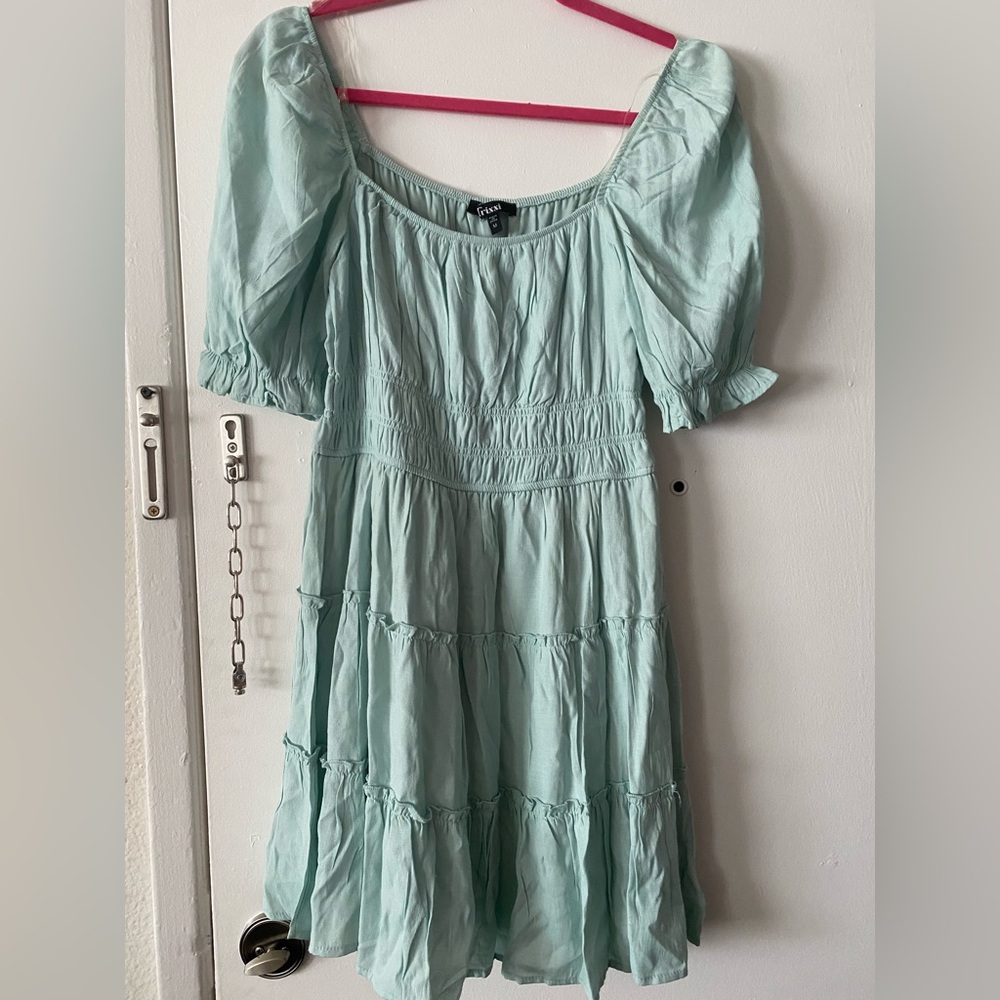 Trixxi Mint Green Puff Sleeve Tiered Mini Dress